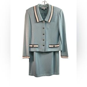 St. John Santana Knit Light Blue Cardigan Skirt Pants Suit-3 Piece Set Size 8